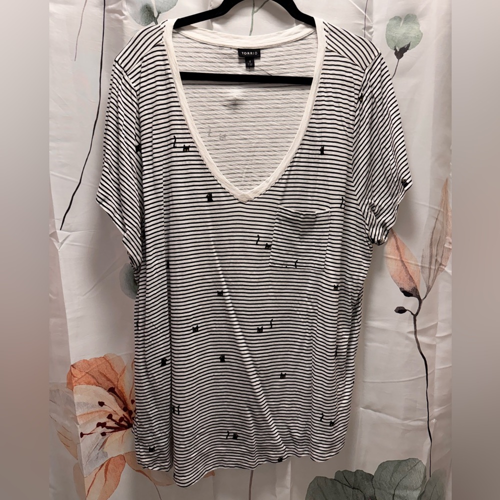 Torrid-Black and White Striped Women's Top with small cat details.